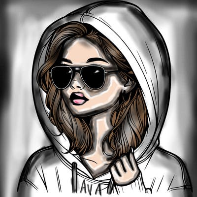 realistic teenage girl, wearing a hoodie and sunglasses