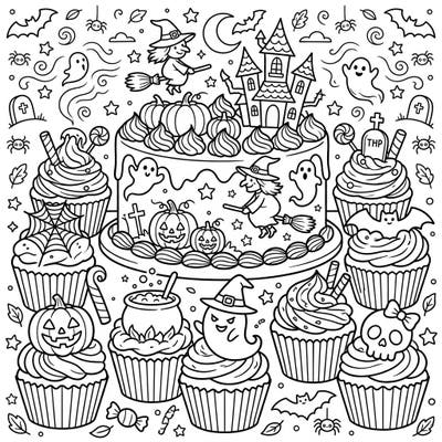 Get ready to color a delightful Halloween treat with this intricate design featuring a grand chocolate cake surrounded by spooky cupcakes. Perfect for adding your personal touch to a festive dessert spread.