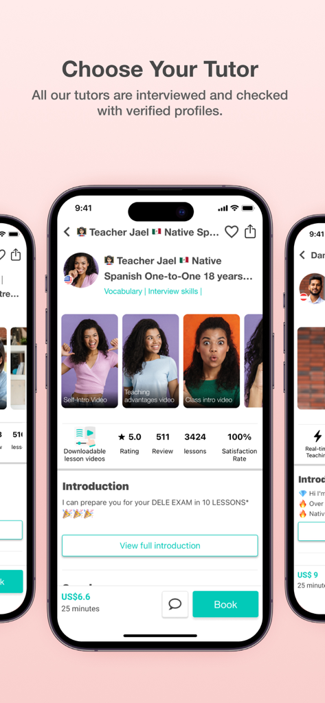 AmazingTalker: Learn Languages - Tela móvel do aplicativo AmazingTalker mostrando o perfil de um tutor nativo espanhol verificado com avaliações e opções de reserva de aulas