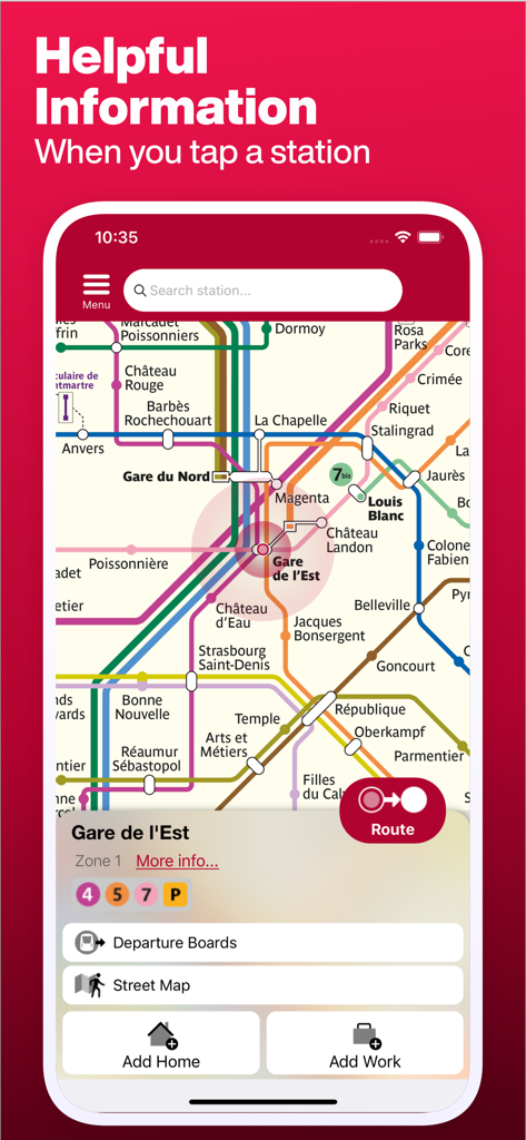 Paris Metro app interface showing transit details for Gare de l Est station including departure boards and maps