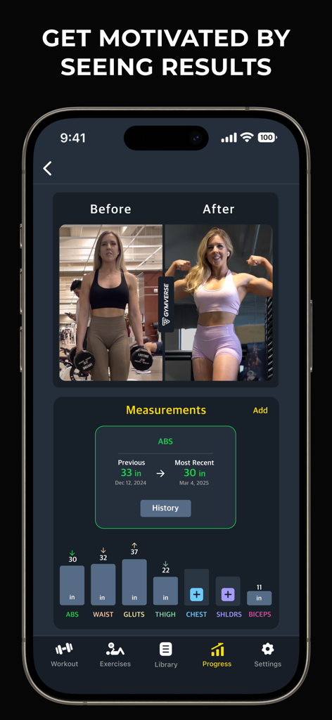 Gymverse app progress screen featuring before and after transformation photos and body measurement tracking charts