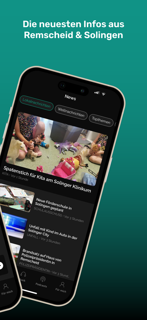 Radio RSG - Radio RSG app news feed showing local headlines from Remscheid and Solingen on an iPhone screen.