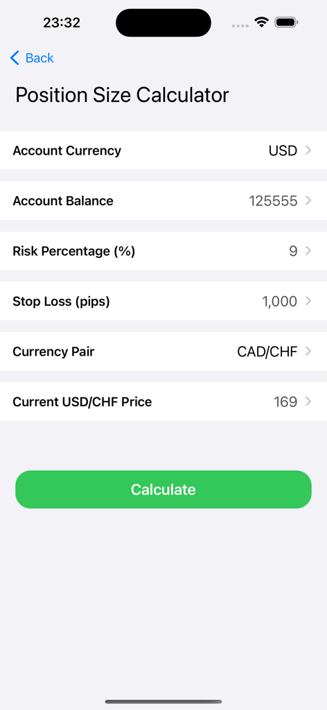 Forex Calculators for traders - Interface of the Position Size Calculator in the Forex Calculators app showing risk percentage and account balance fields