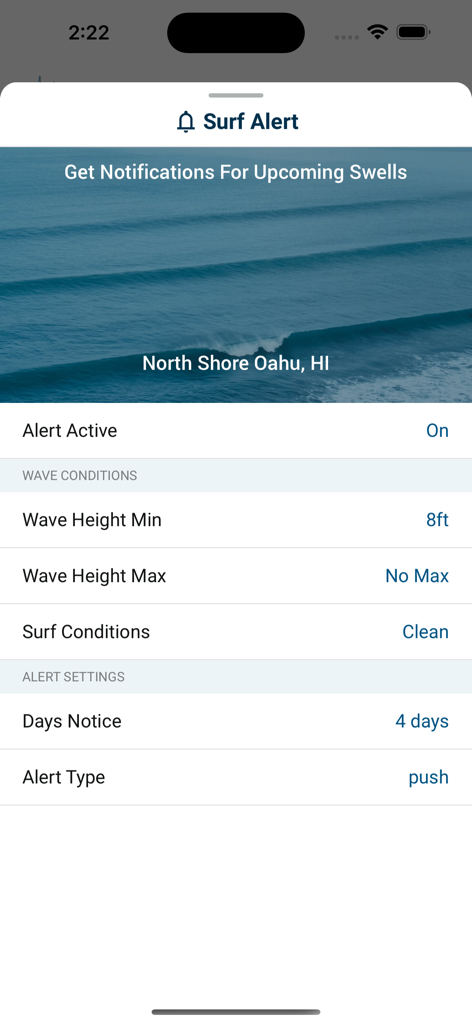 Surf Captain - Surf Captain app surf alert settings screen for swell notifications.