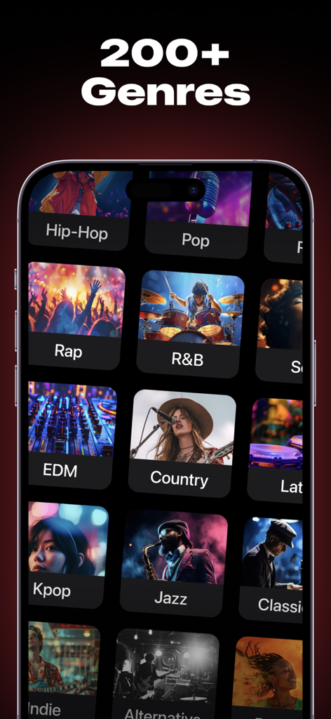 Donna AI Music Song Generator - Interface of the Donna AI Music app showing a variety of music genres including Hip Hop, Pop, and EDM