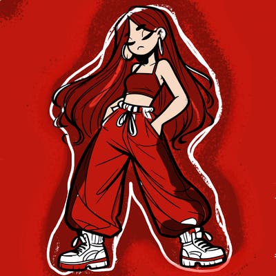 girl in baggy pants crop top and long hair