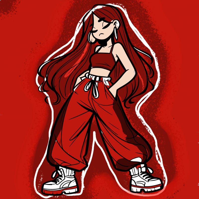 girl in baggy pants crop top and long hair