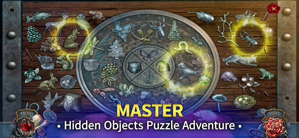 Living Legends: The Red Trace - Hidden object puzzle gameplay showing silver animal figurines and a circular central board with glowing highlights
