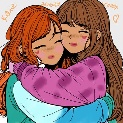realistic two girls hugging