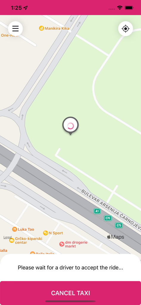 Pink Taxi Beograd app interface showing a ride request waiting for driver acceptance on a map
