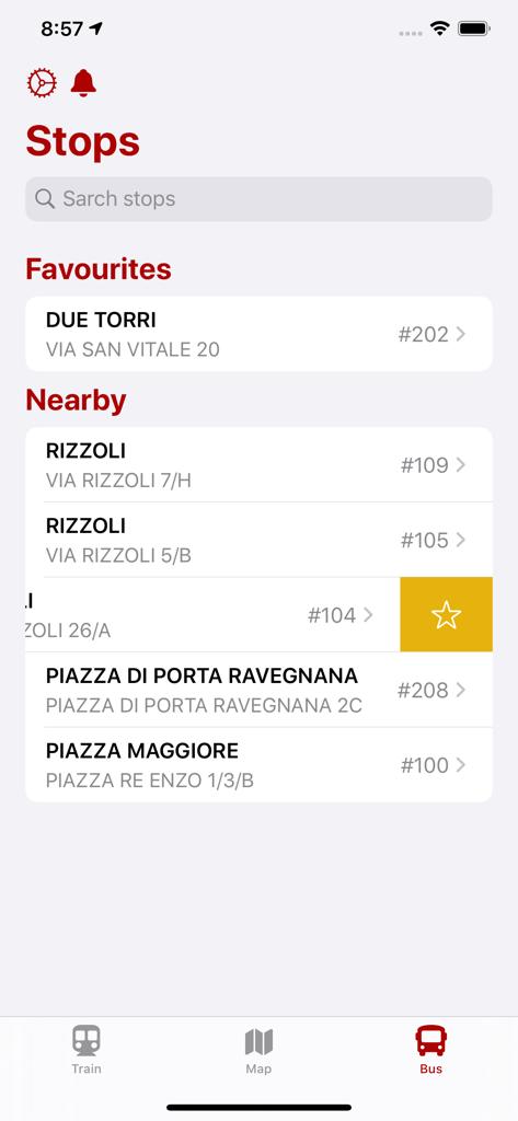 WeBus - Bologna & Ferrara - Interface of the WeBus app showing a list of favorite and nearby bus stops in Bologna