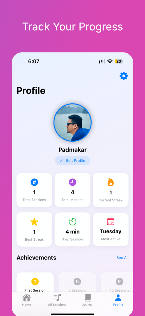 Innerbloom: Calm, Sleep, Focus - Painel de perfil do aplicativo Innerbloom mostrando estatísticas de progresso do usuário e conquistas
