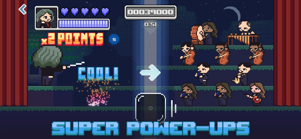 Um maestro em pixel art liderando uma orquestra em um jogo de ritmo de música clássica.