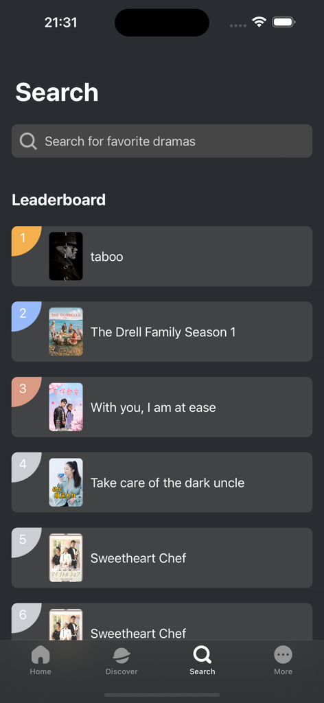 Search screen showing a leaderboard of popular TV shows in the Meiju Tiantang app