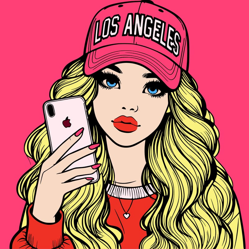 realistic beautiful girl wearing los ángeles cap holding an iphone