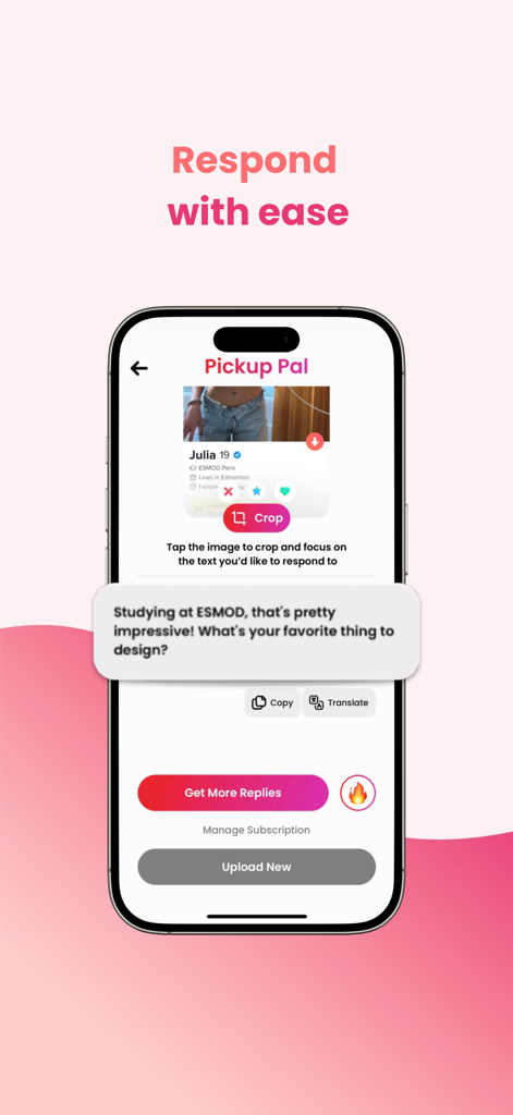 Pickup Pal AI - Pickup Pal AI mobile app screen showing a suggested conversation starter for a dating profile