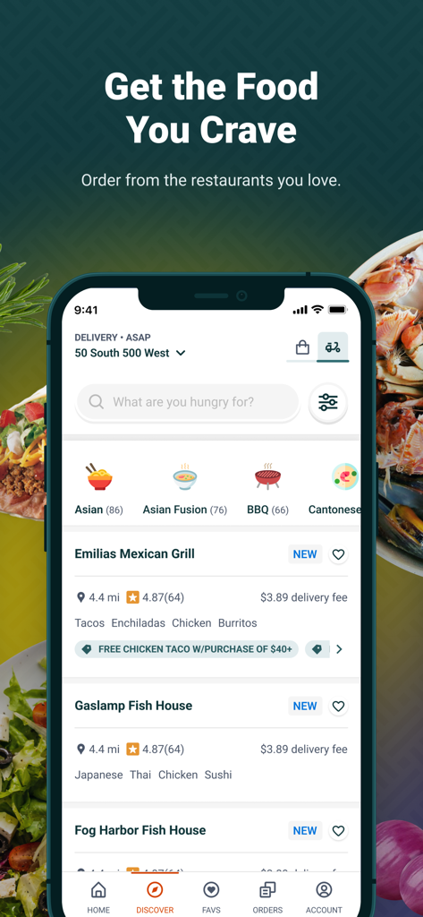 Beyond Menu Food Delivery - 비욘드 메뉴 모바일 앱 인터페이스, 지역 레스토랑 목록 및 음식 카테고리 표시.