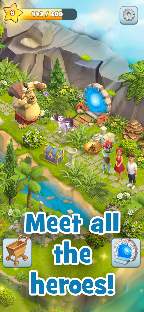 Land of Legends: Family farm - Sophia Jack e personagens míticos como um ciclops e uma ninfa numa paisagem grega exuberante com o texto Conheça todos os heróis