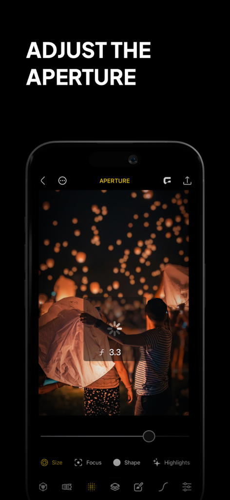 Phocus: Portrait Mode Editor - A phone displaying the Phocus app interface with the adjust aperture feature being used on a night photo of sky lanterns