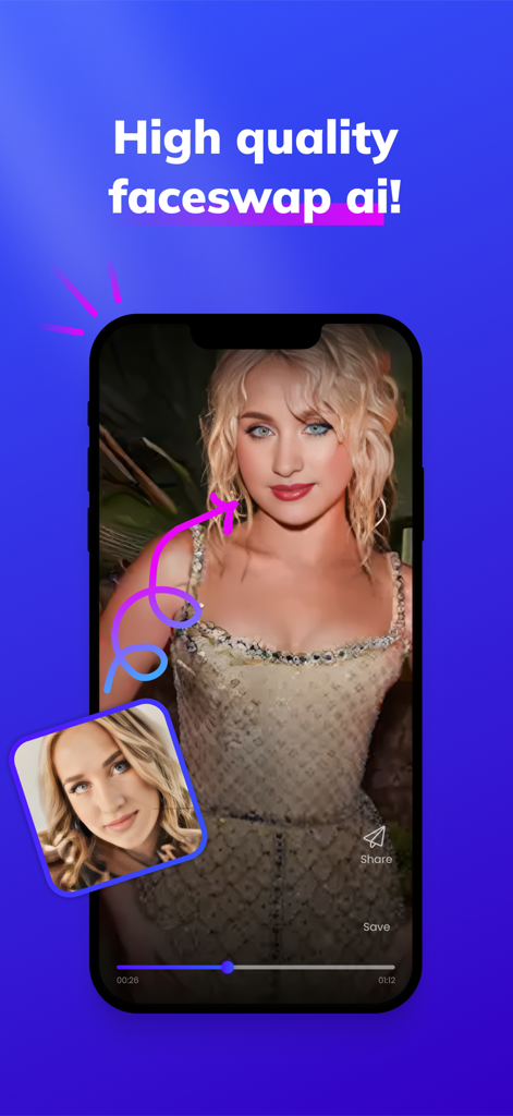A smartphone showcasing the Vizia app's high quality AI video face swap feature with a woman's face being morphed into a video clip.