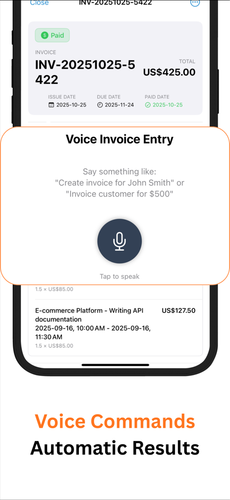 Invoice Manager app interface featuring voice command invoice entry