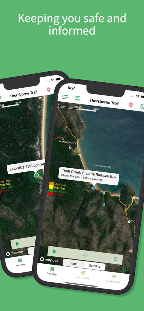 Satellite navigation map of Thorsborne Trail showing tidal creek alerts and GPS location