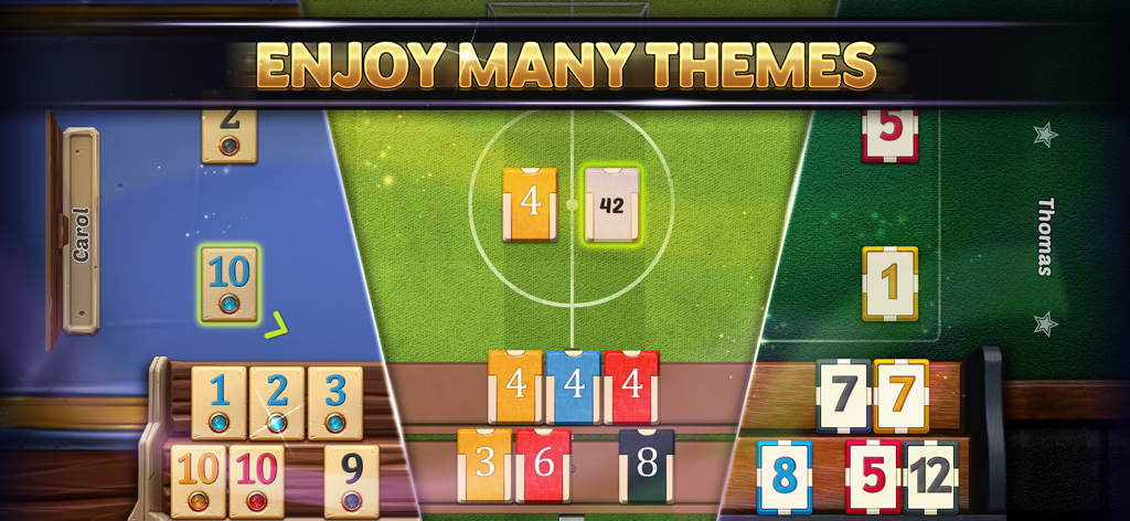 A showcase of different table and tile themes in the Okey game app including a football field design