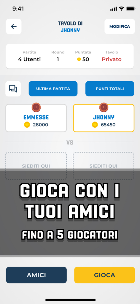 Briscola SUPER! - Interfaccia dell'app Briscola SUPER che mostra una configurazione di tavolo privato per giocare con amici fino a cinque giocatori
