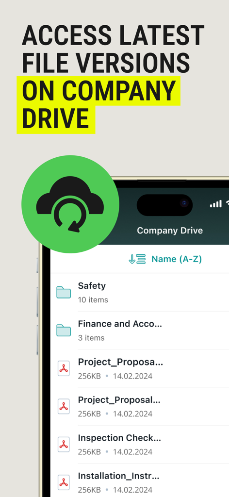 Fluix Docs app interface displaying access to latest company file versions and project folders