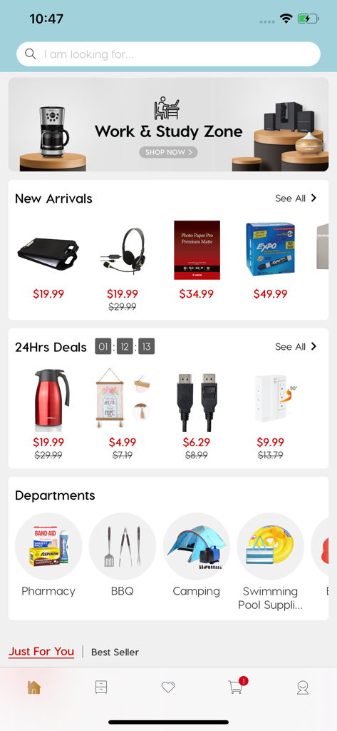 Shopper+ - Home screen of the Shopper plus app showing product deals and shopping departments.