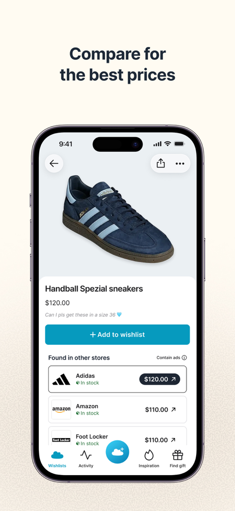 A screenshot of the GoWish app interface showing price comparisons for sneakers from different retailers like Adidas and Amazon.