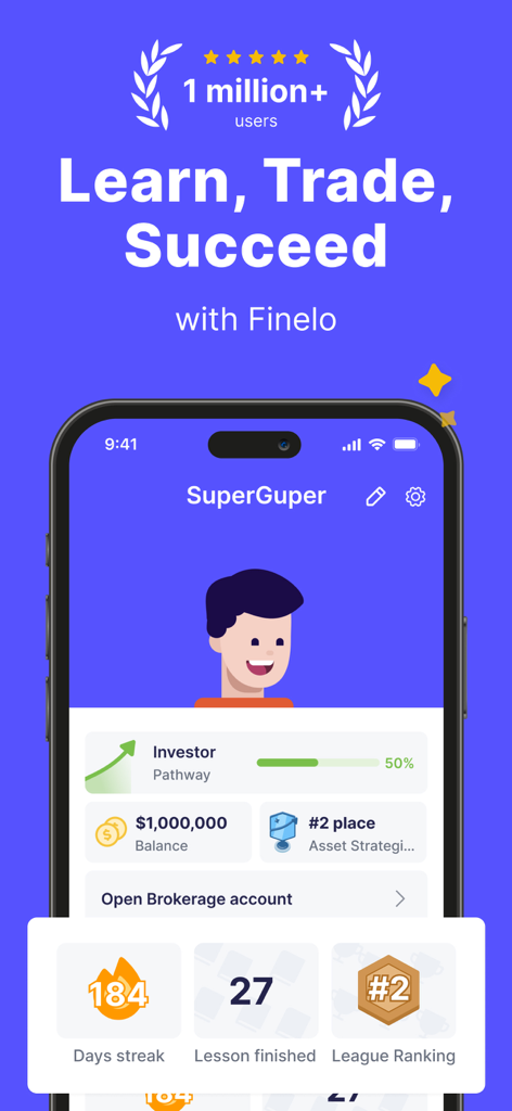 Finelo: Master Trading - Tela móvel mostrando um perfil de usuário com sequências de progresso de trading e distintivos de conquista no aplicativo Finelo