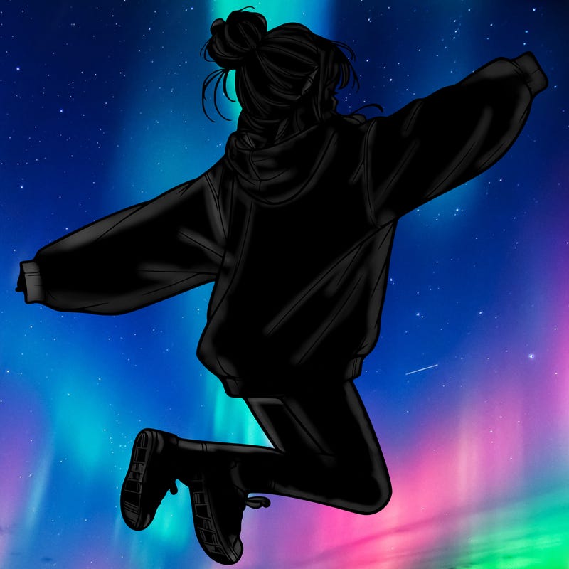 realistic girl jumping with a bun and oversized sweatshirt