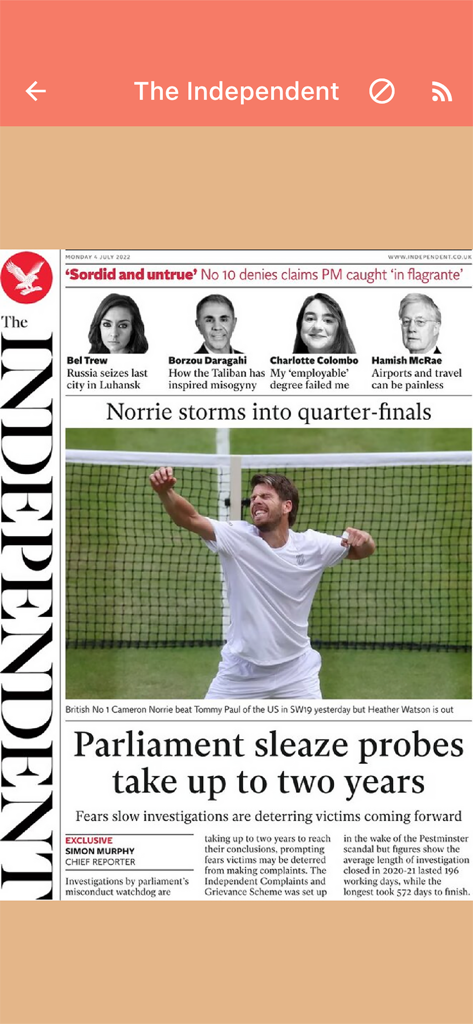 Prima Pagina Quotidiani - Digital view of The Independent newspaper front page in the Prima Pagina app