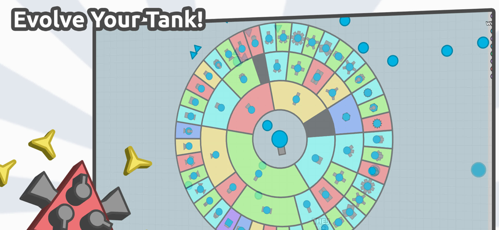 diep.io - Un diagramme circulaire affichant les différents chemins d'évolution des tanks et les classes dans diep.io