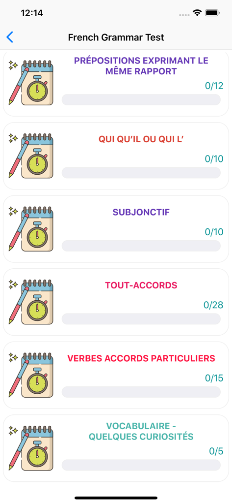 French Grammar Test - A menu of French grammar exercise categories including subjonctif and prepositions in the app.