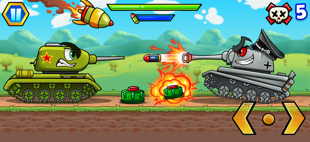 Batalla de tanques 2D estilo caricatura con gráficos vibrantes y explosiones.