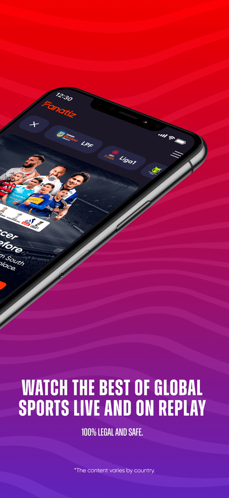 Fanatiz - Interfaz de la aplicación Fanatiz mostrando deportes globales en vivo y partidos de fútbol con información de transmisión legal.