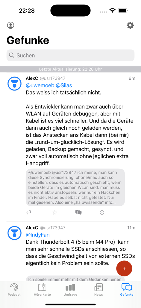 Funkgerät - Screenshot des Gefunke-Community-Forums in der Funkgeraet-App, der Tech-Diskussionen zwischen Benutzern zeigt