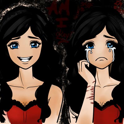 two beautiful girls, one smiling, one crying realistic