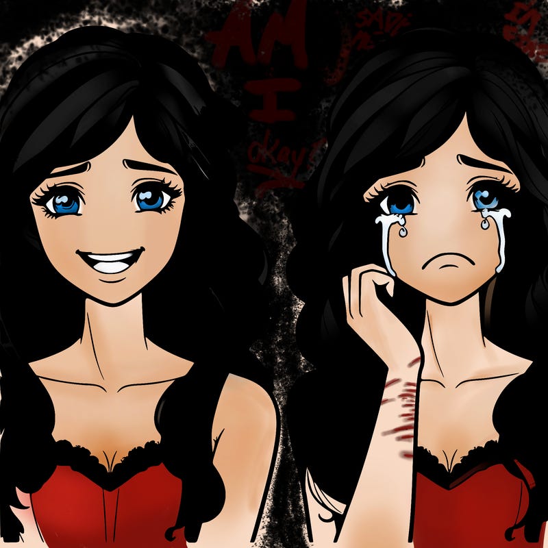 two beautiful girls, one smiling, one crying realistic
