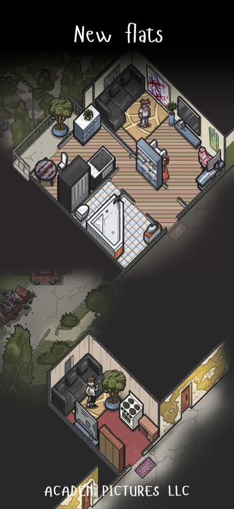 ACADEM DREAMS: Adventure & Sim - Vista isometrica di interni di appartamenti personalizzabili e mobili in ACADEM DREAMS