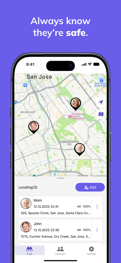 Tracker -Live Location Sharing - Interfaz de aplicación móvil que muestra la ubicación en tiempo real de los miembros de la familia en un mapa con el estado de la batería y las direcciones