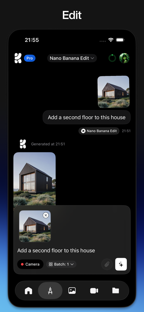 Interface de chat IA dans l'application Krea montrant une modification d'image d'une maison avec des instructions en langage naturel.