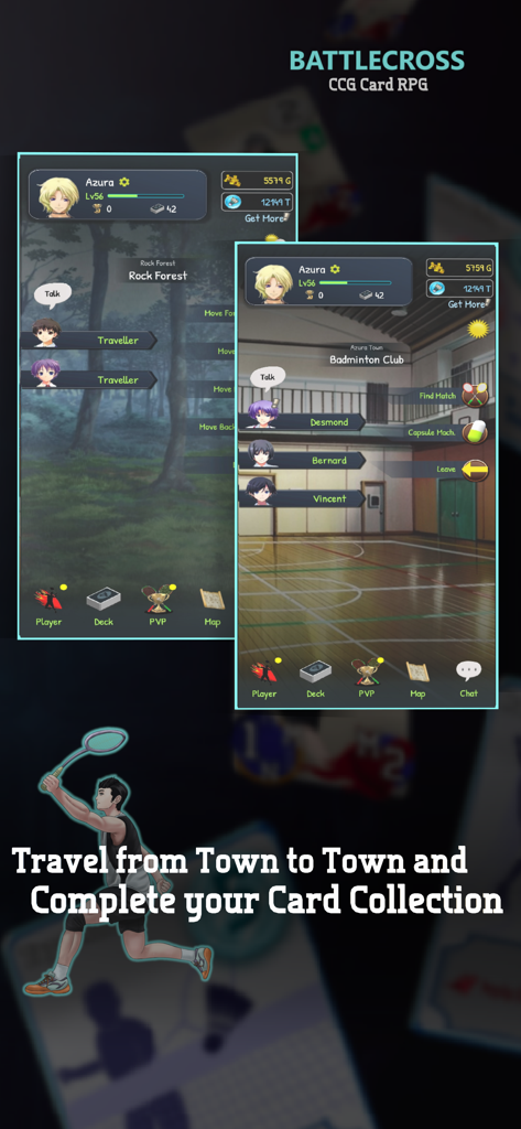 BattleCross Badminton Card RPG - Screenshot of BattleCross Badminton Card RPG showing town navigation and character interaction interfaces in different locations like Rock Forest and Badminton Club.