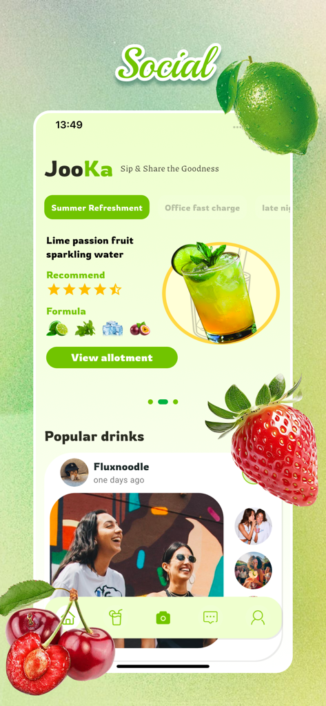 Pantalla de smartphone que muestra la aplicación Jooka con una receta de cóctel y un feed social de entusiastas de las bebidas