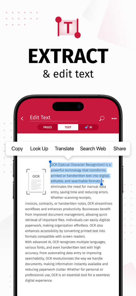 スキャンしたドキュメントからOCRを使用してテキストを抽出し編集するSwiftScan AIアプリを表示するスマートフォン画面
