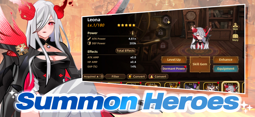 A screenshot of Fortress Saga showing the hero summon menu and Leona character details