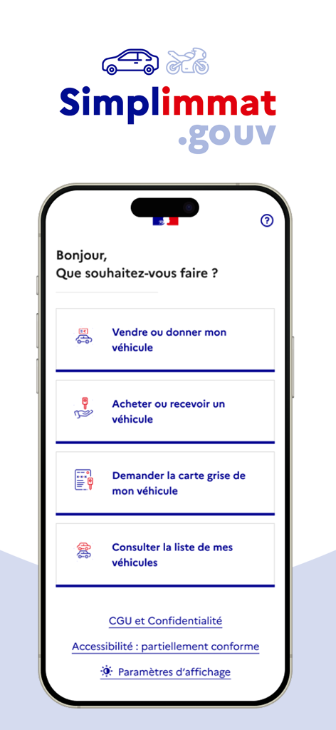 Simplimmat - Simplimmat app home screen showing options for buying selling or registering a vehicle