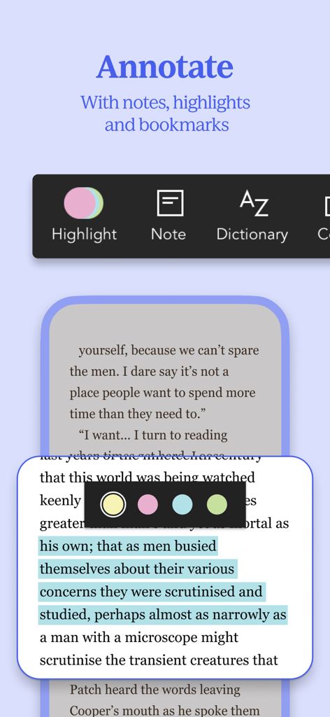 Kobo Books & Audiobooks - Menu annotazioni dell'app Kobo Books con opzioni di evidenziazione e note su testo eBook